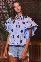 Ruffle Sleeves Pintuck Detail Polka Dot
