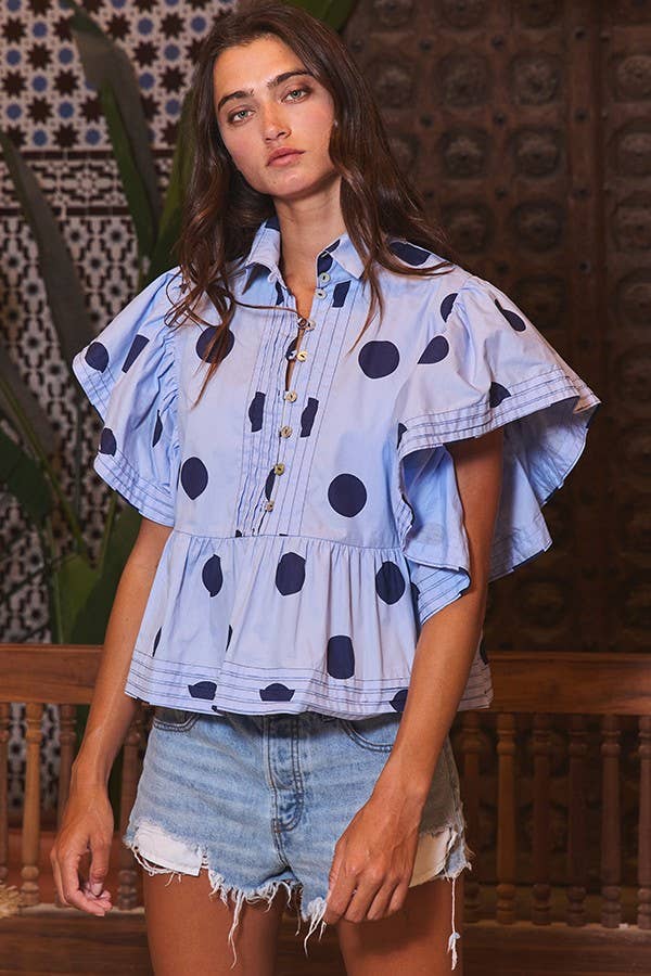 Ruffle Sleeves Pintuck Detail Polka Dot