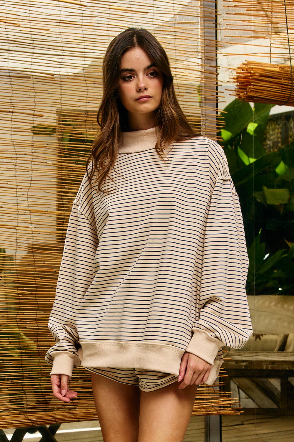 IT2594-STRIPE1 | Stripe Print Mock Neck Oversized Sweatshirt: PEACH / BLUE / S/M-L/XL (3-3)