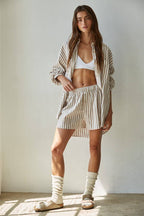 Cotton Striped Oversized Shirt Taupe