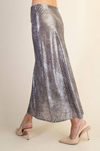 Metallic Animal Print Midi Skirt: Silver / S
