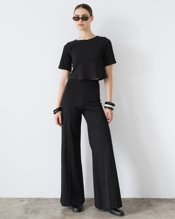 Ponte Knit Long Wide Leg Pant in Black
