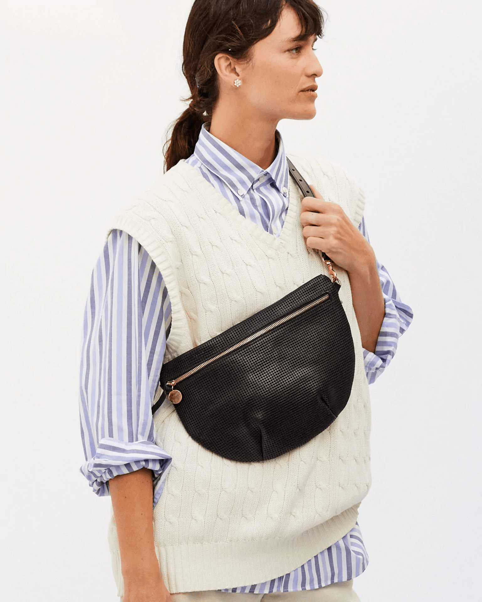Clare V Grande Fanny in Black Perf - worn crossbody