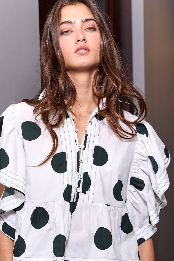 Ruffle Sleeves Pintuck Detail Polka Dot
