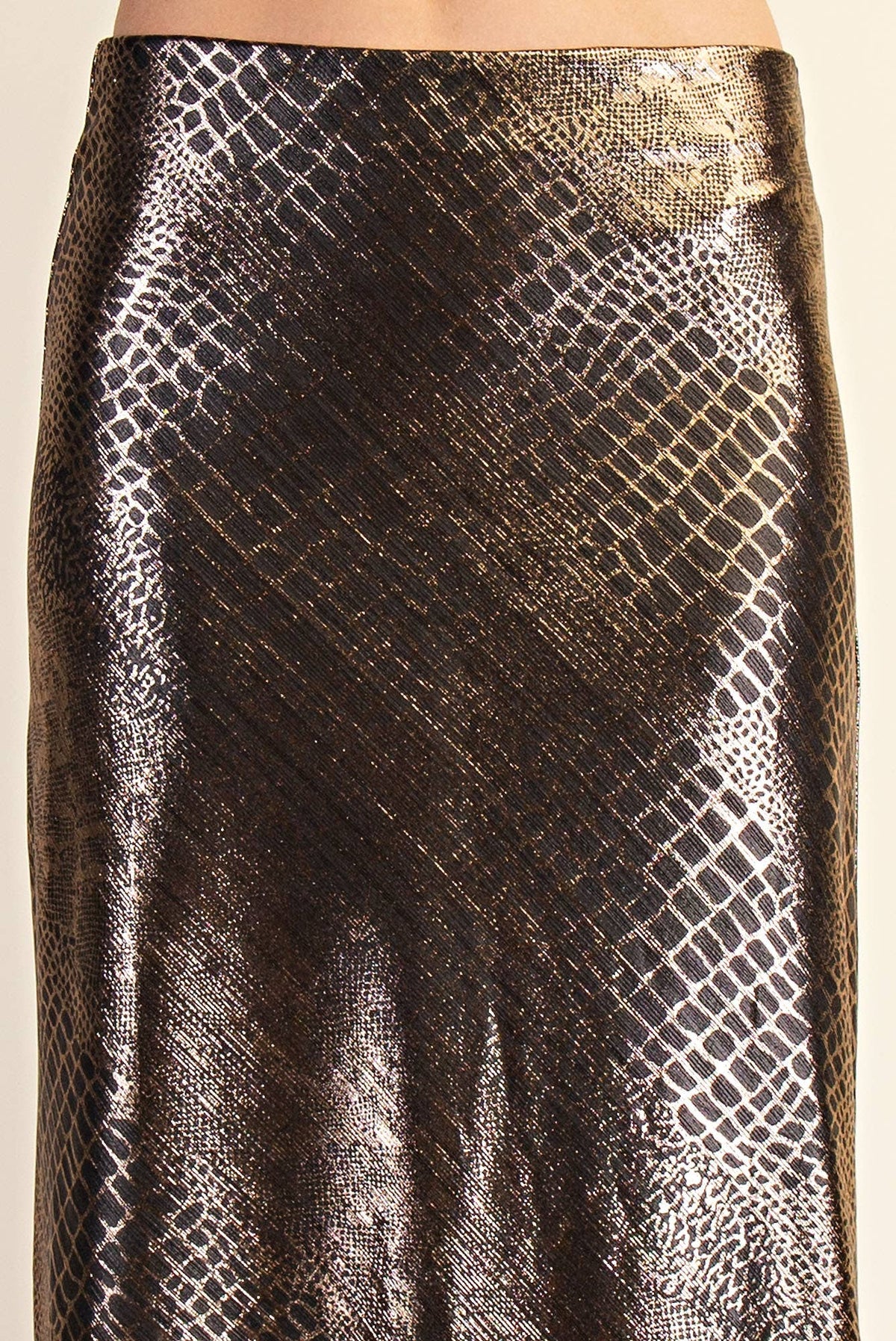 Metallic Animal Print Midi Skirt: Silver / M