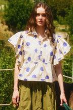 Ruffle Sleeves Pintuck Detail Polka Dot