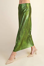 Metallic Animal Print Midi Skirt: Silver / S