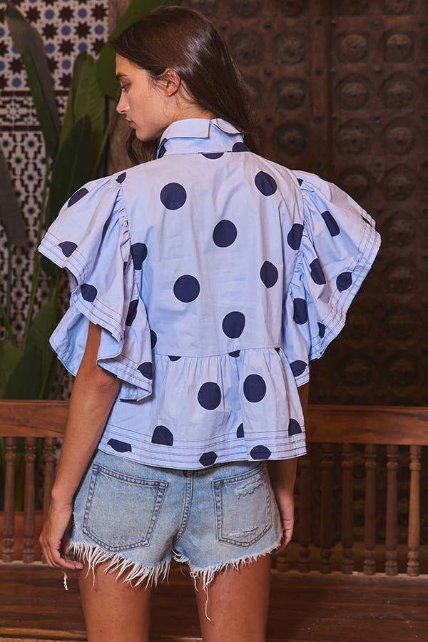 Ruffle Sleeves Pintuck Detail Polka Dot