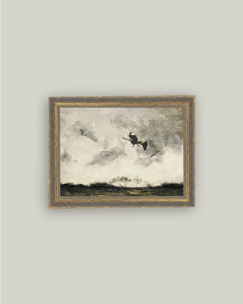 Witch Flying Through The Night Framed Antique Art: 10x8