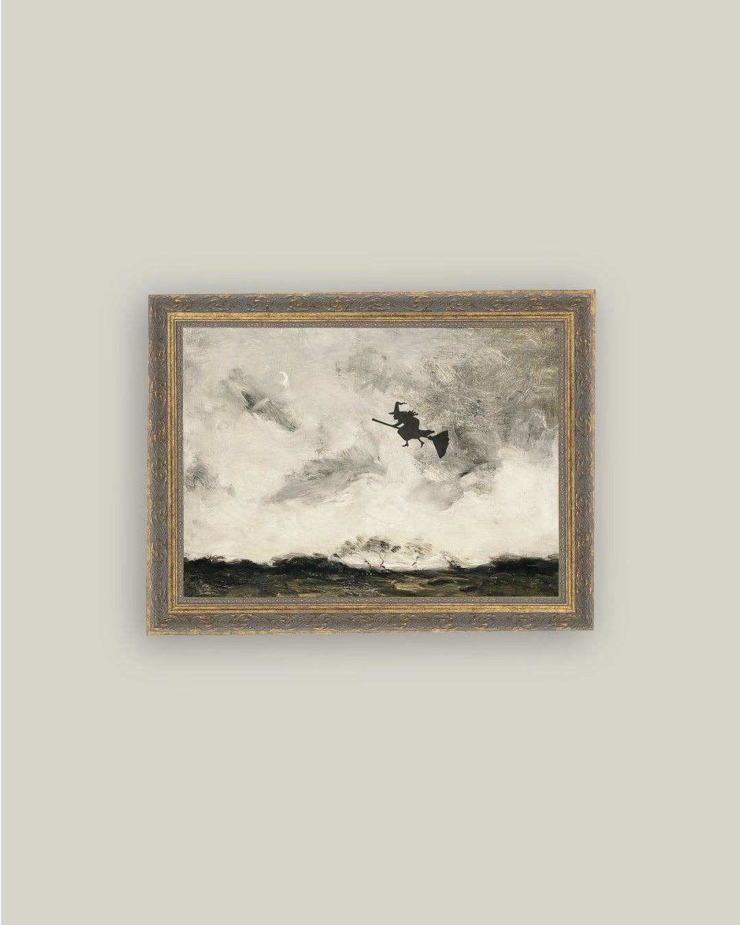Witch Flying Through The Night Framed Antique Art: 10x8