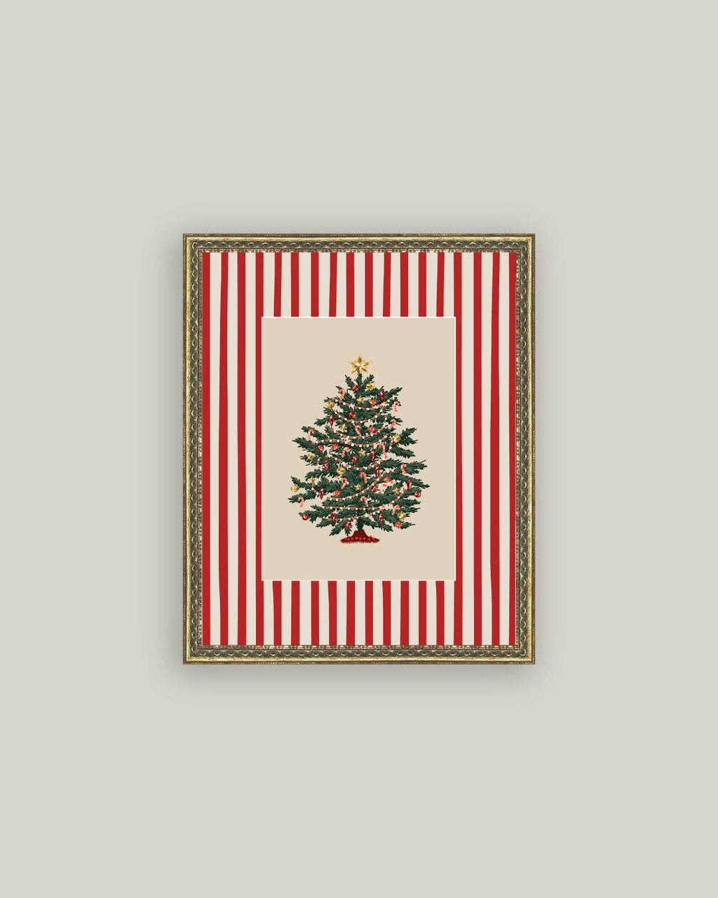 Peppermint Stripe Tree Framed Antique Art: 8x10