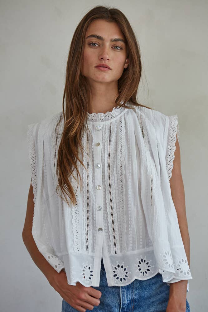 Cotton Eyelet Buttondown Sleeveless Top