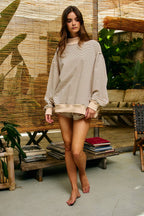IT2594-STRIPE1 | Stripe Print Mock Neck Oversized Sweatshirt: PEACH / BLUE / S/M-L/XL (3-3)