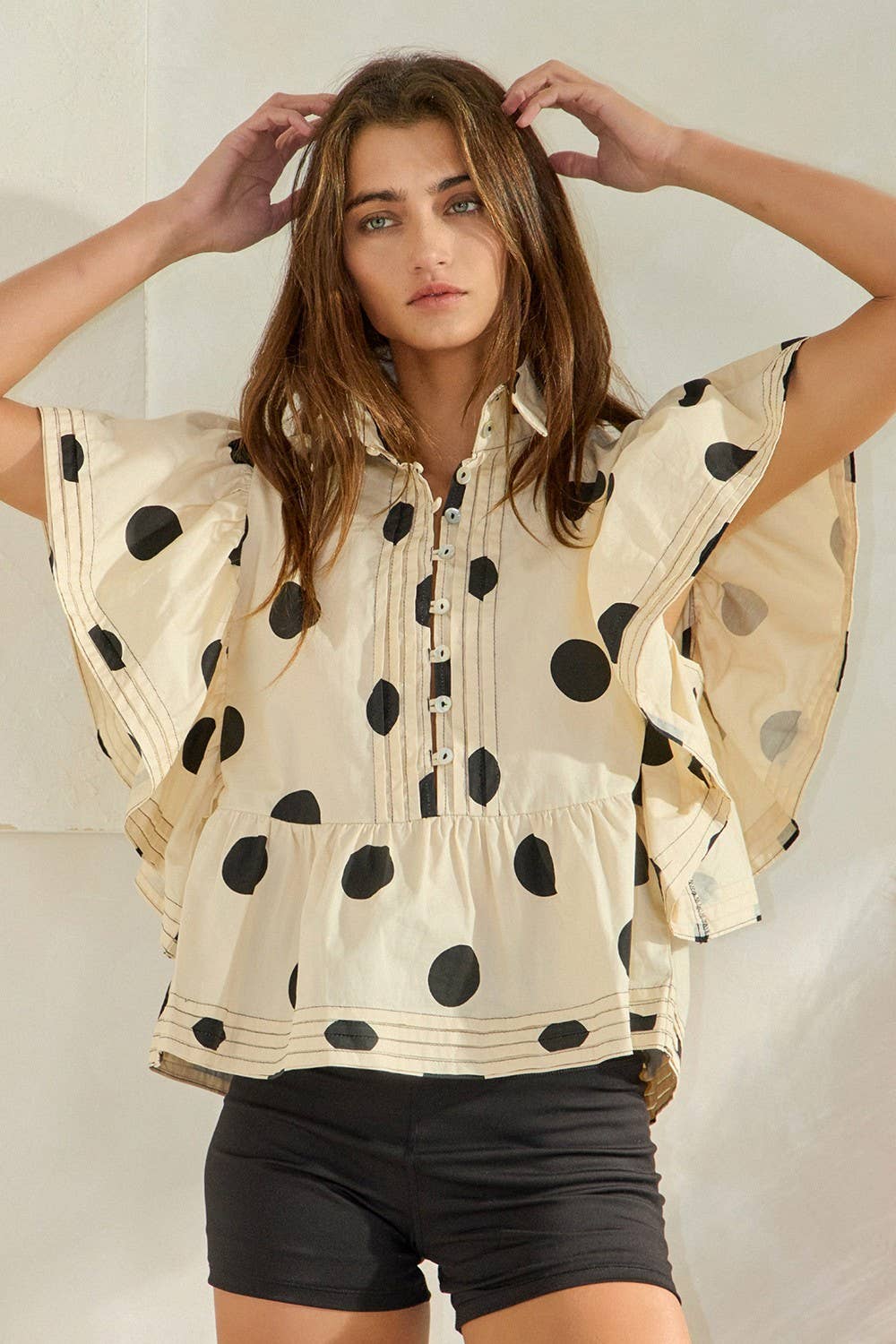 Ruffle Sleeves Pintuck Detail Polka Dot