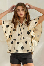 Ruffle Sleeves Pintuck Detail Polka Dot