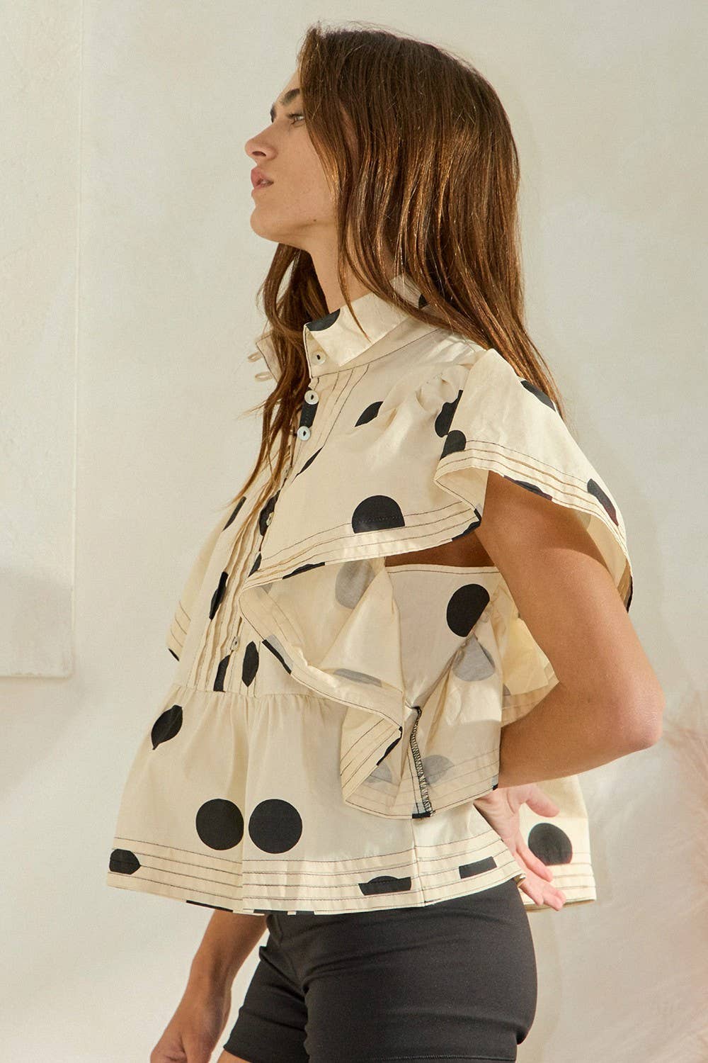 Ruffle Sleeves Pintuck Detail Polka Dot