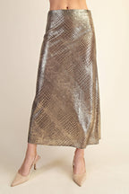 Metallic Animal Print Midi Skirt: Silver / M