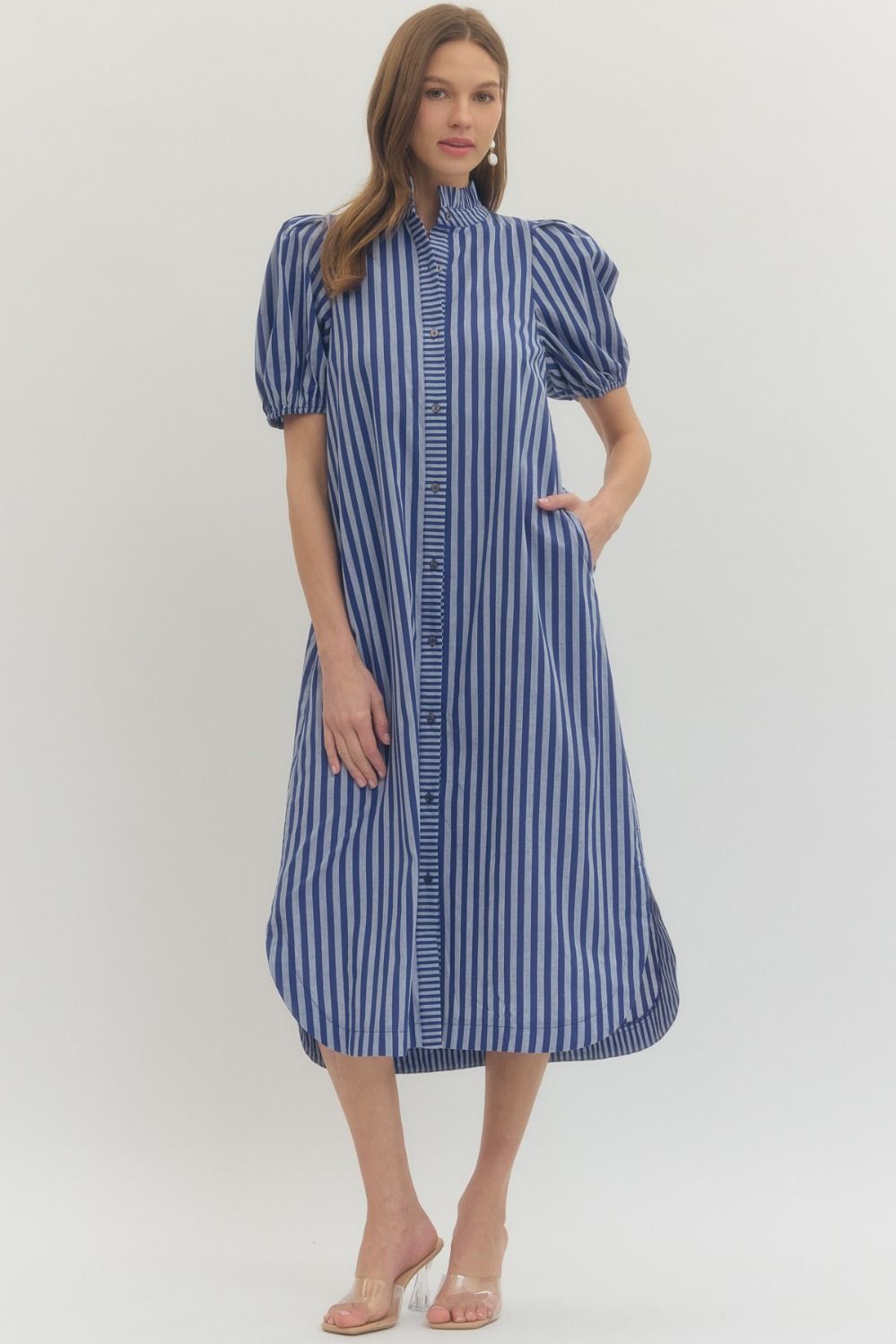 Blue Stripe Button-Front Midi Dress – Olives & Home Downtown