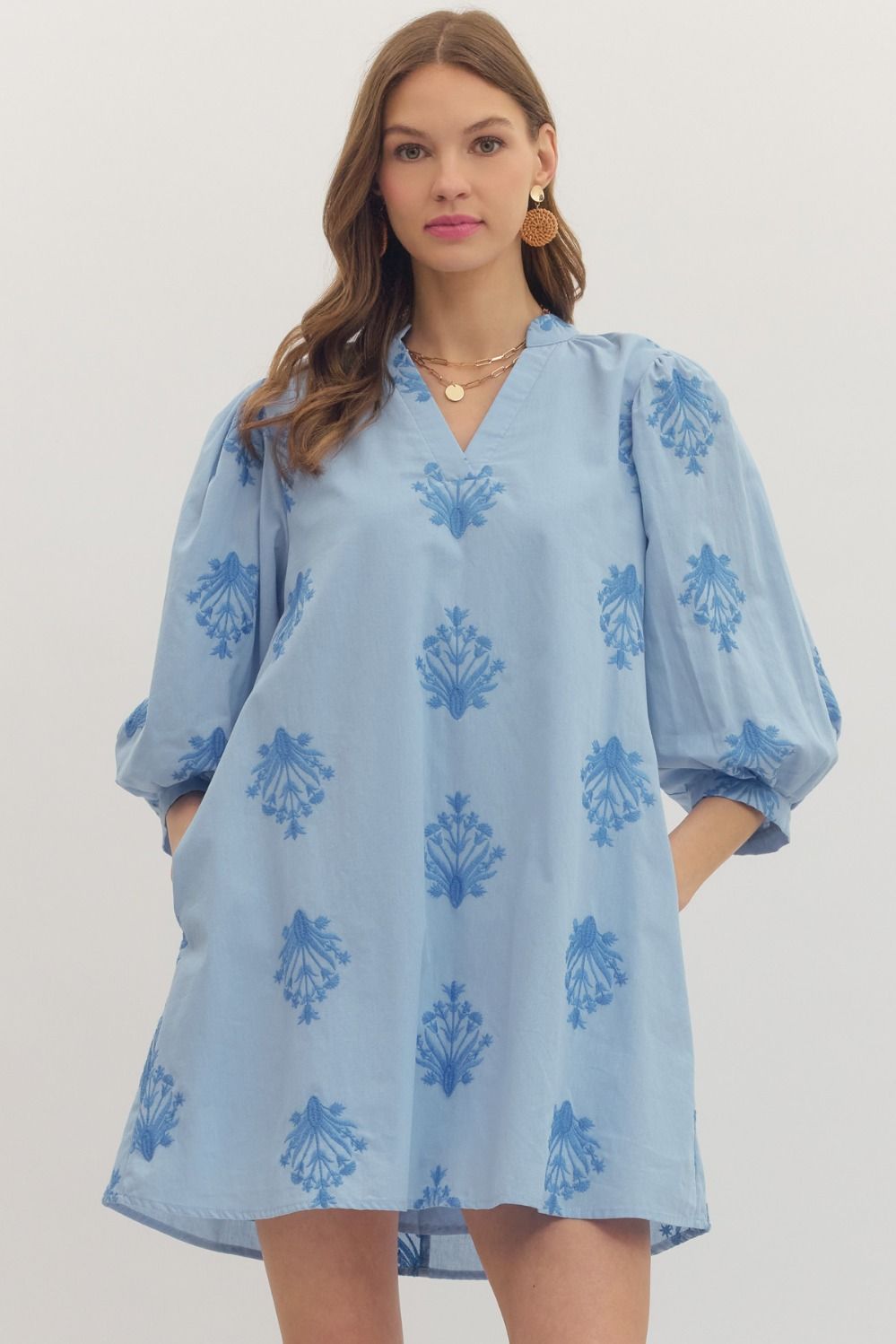 Blue Printed Puff Sleeve Dress