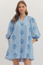 Blue Printed Puff Sleeve Dress