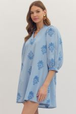 Blue Printed Puff Sleeve Dress