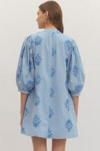 Blue Printed Puff Sleeve Dress