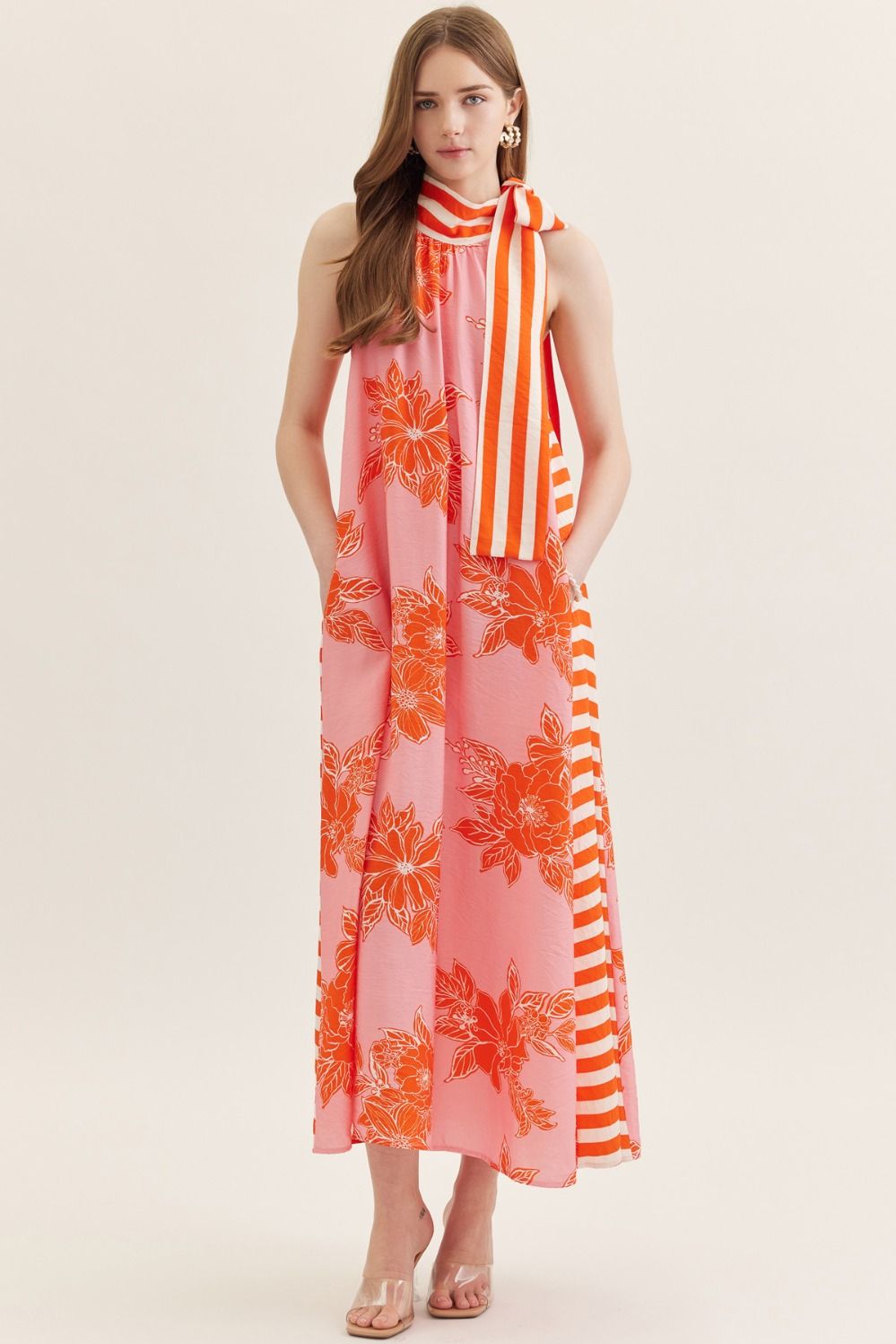 Floral Stripe Halter Maxi Dress