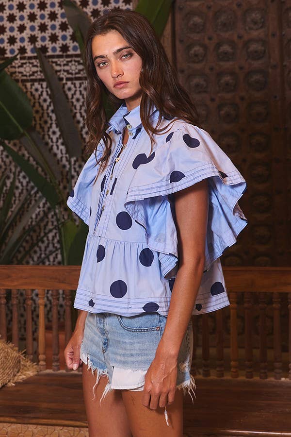 Ruffle Sleeves Pintuck Detail Polka Dot