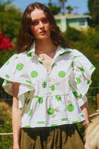 Ruffle Sleeves Pintuck Detail Polka Dot