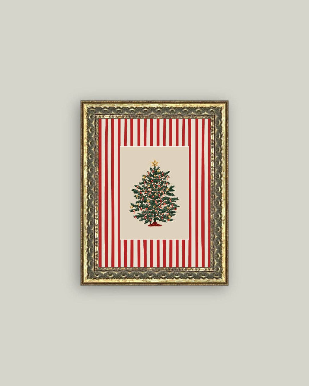 Peppermint Stripe Tree Framed Antique Art: 8x10