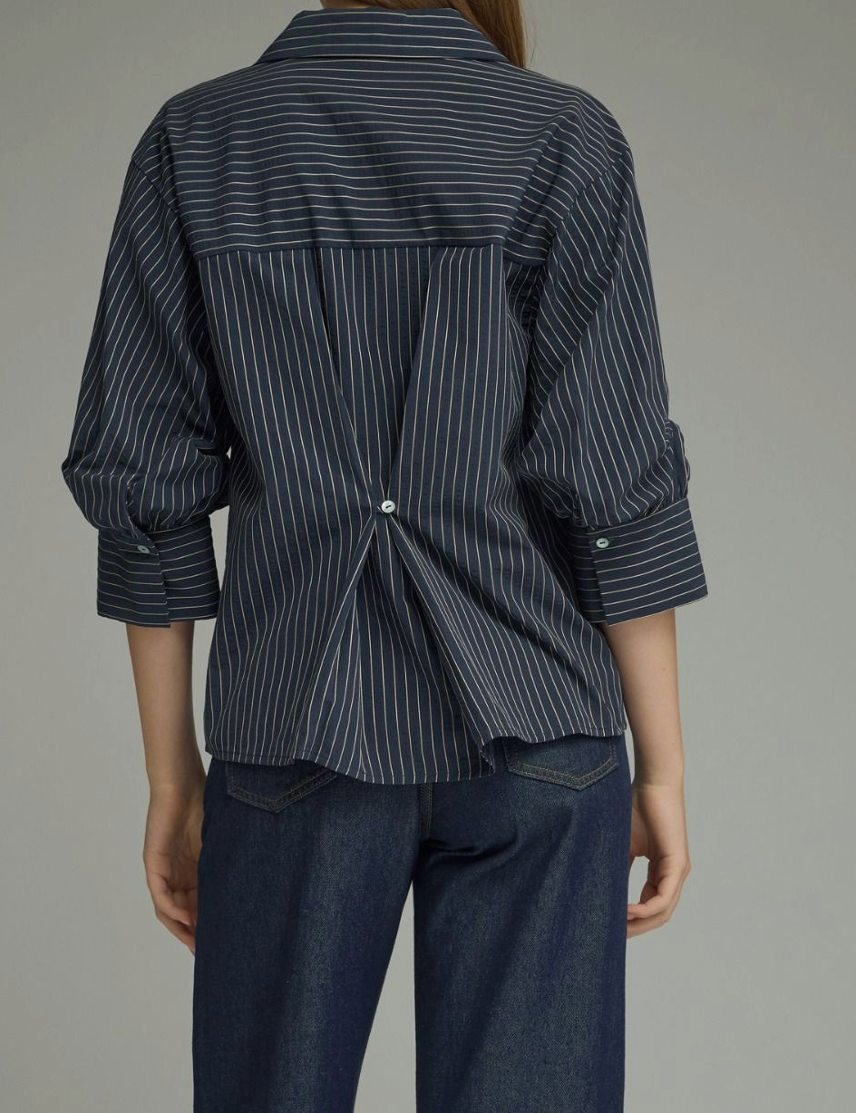 Navy striped blouse with three-quarter sleeves and button cuff detail
