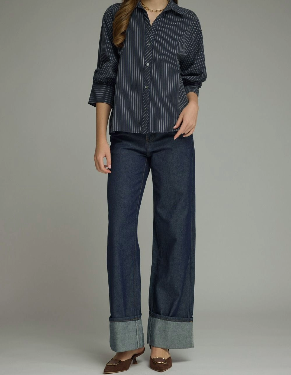Navy striped blouse with three-quarter sleeves and back button detail