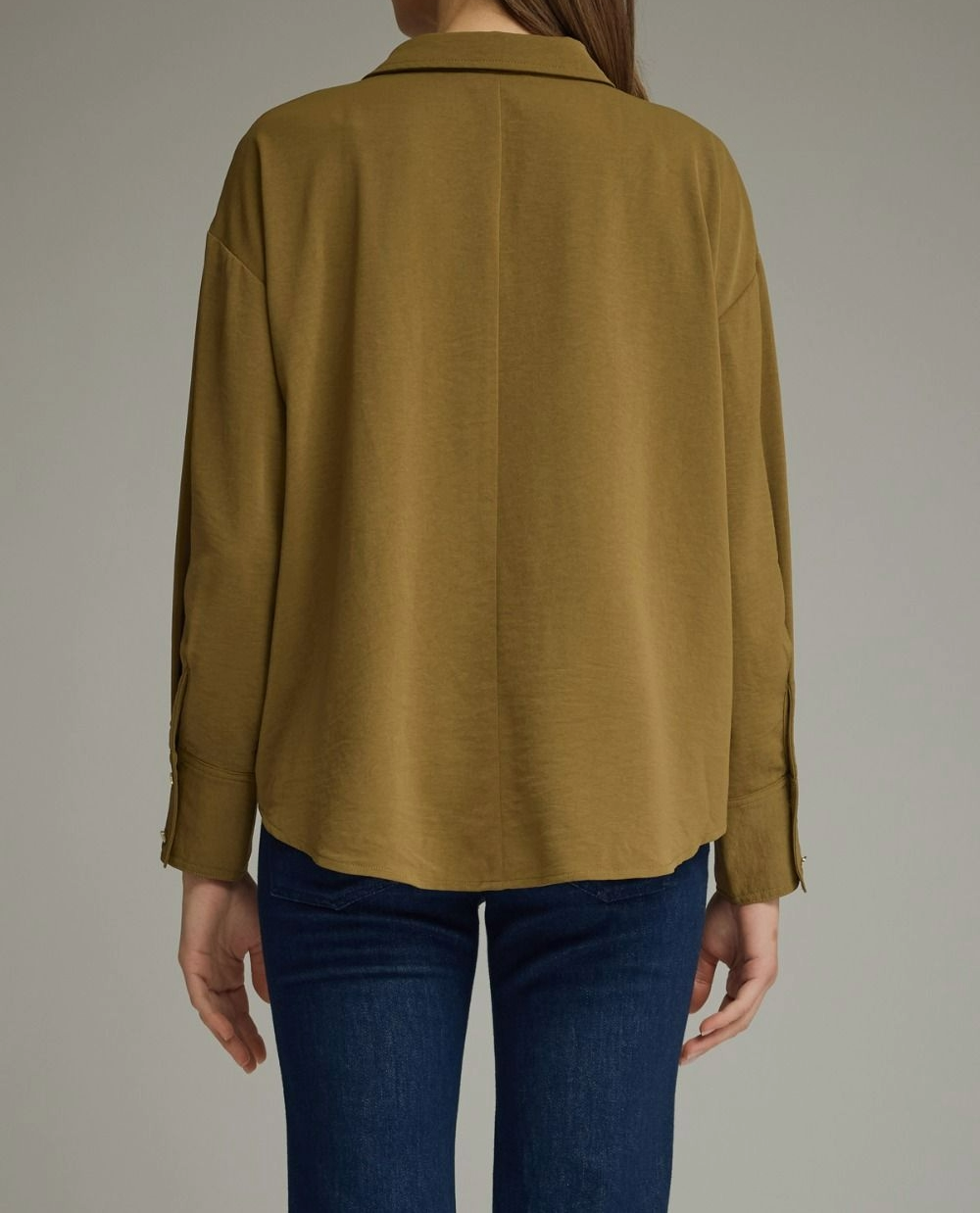 Martini olive collared long sleeve blouse with V-neck placket