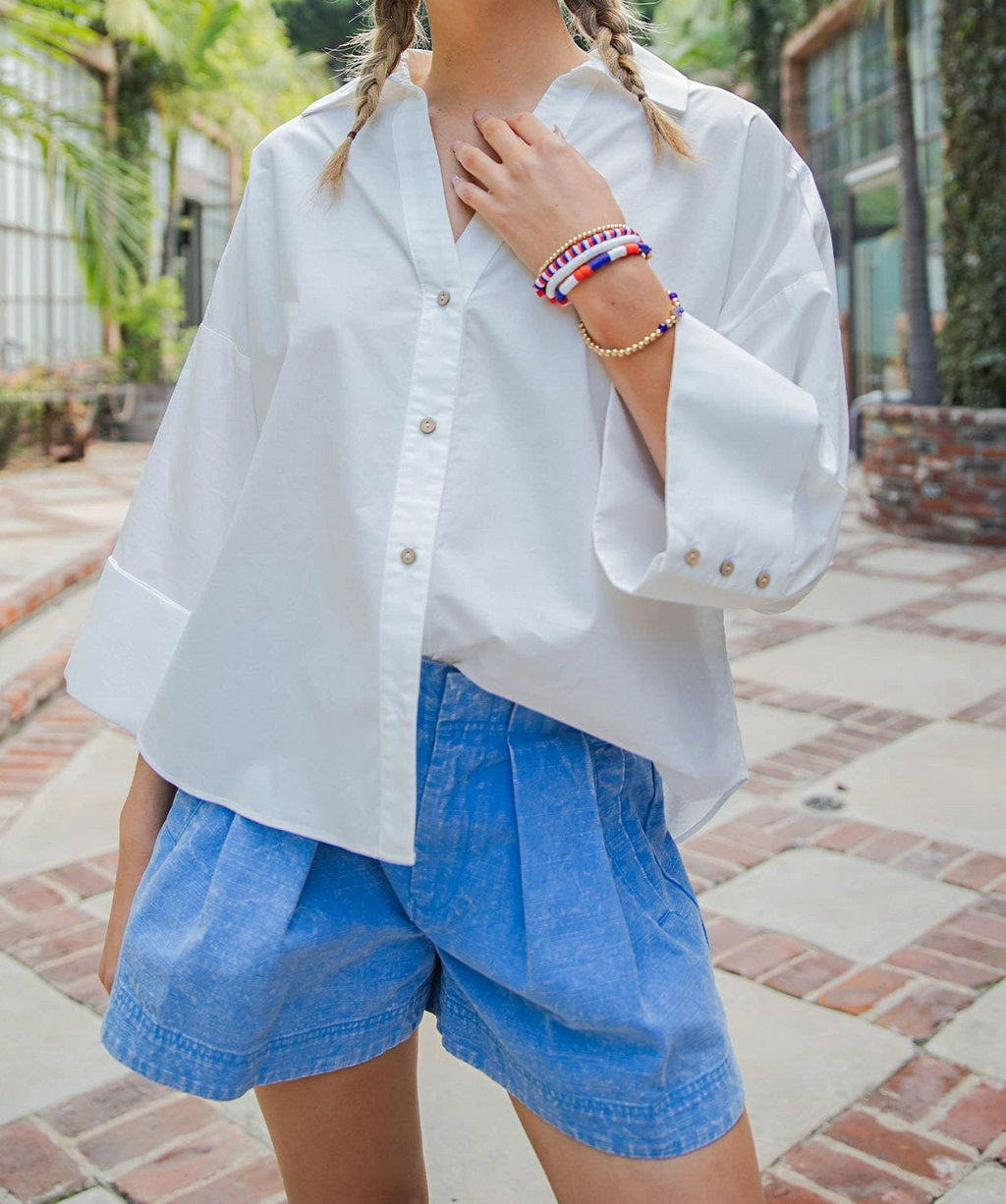 Button-down blouse with back-pleat detail, front view