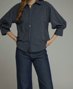 Navy striped blouse with three-quarter sleeves and front button placket
