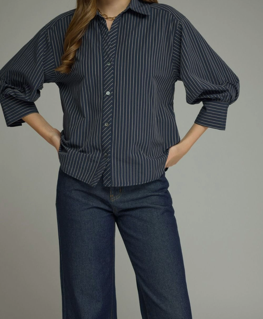 Navy striped blouse with three-quarter sleeves and front button placket