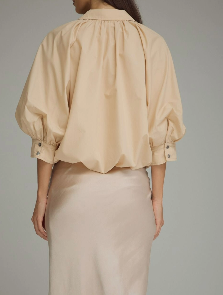 Ecru puff sleeve top with gathered back yoke detail