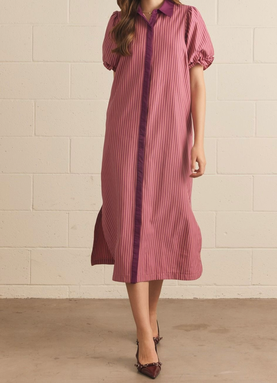 Wine striped print puff sleeve midi dress with ruffle trim and side slit detail