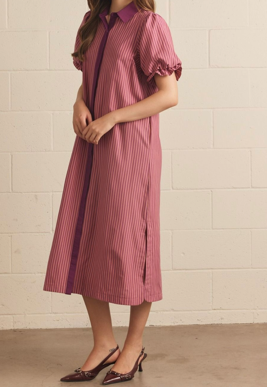 Wine striped print puff sleeve midi dress with contrast collar and button front