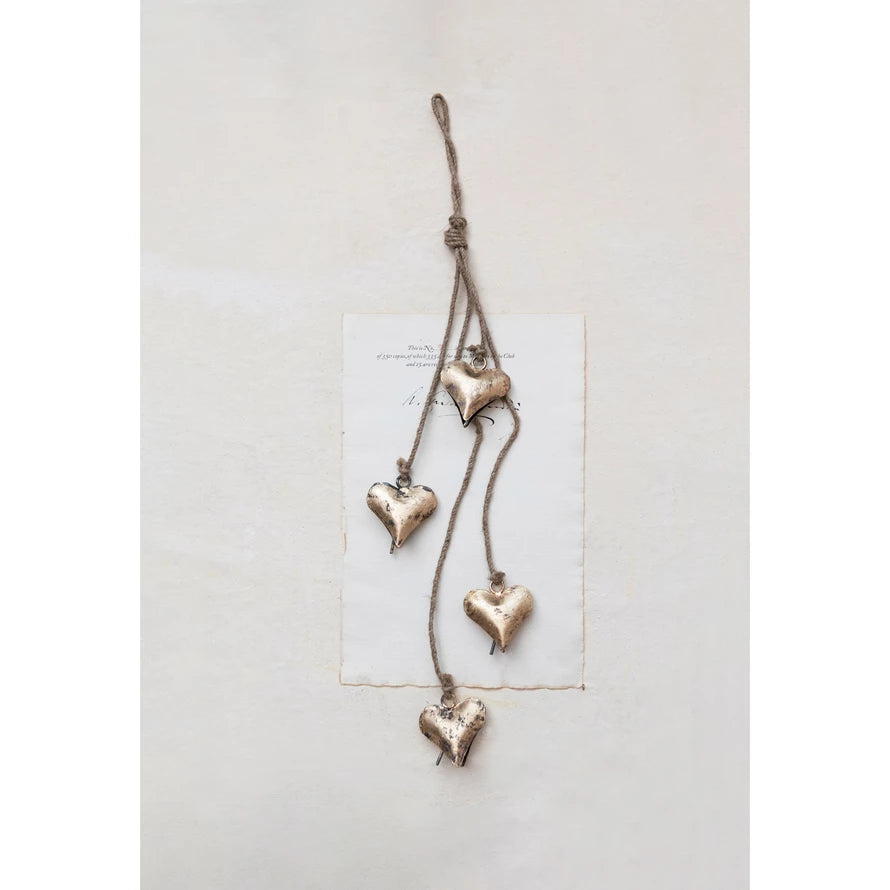 25-3/4"H Metal Hearts on Jute Rope - Brass Finish