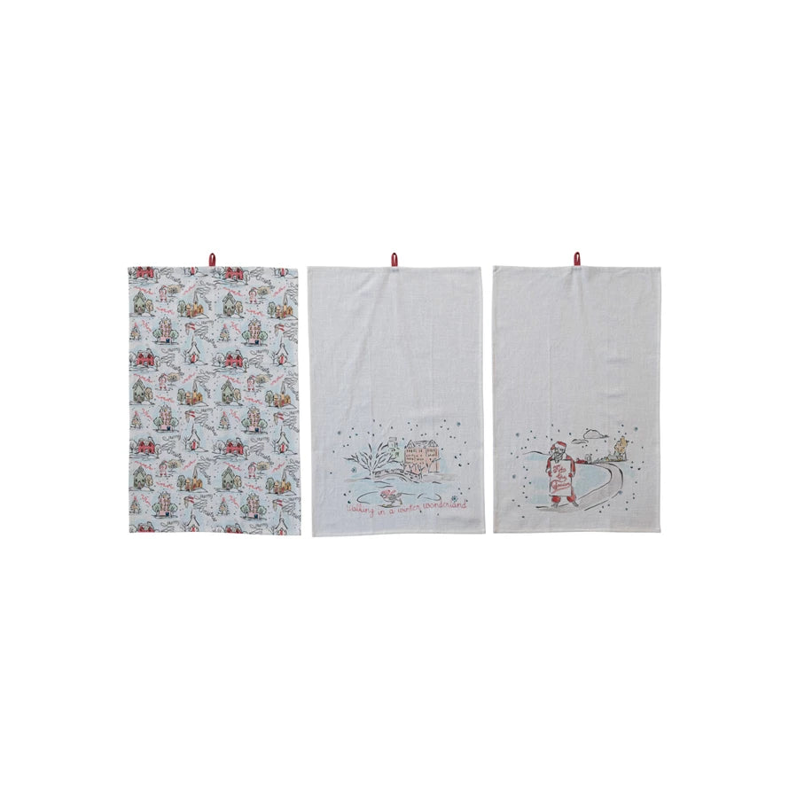 Cotton Printed Tea Towel w/ Holiday Scene/Pattern, Saying & Loop - 3 Styles